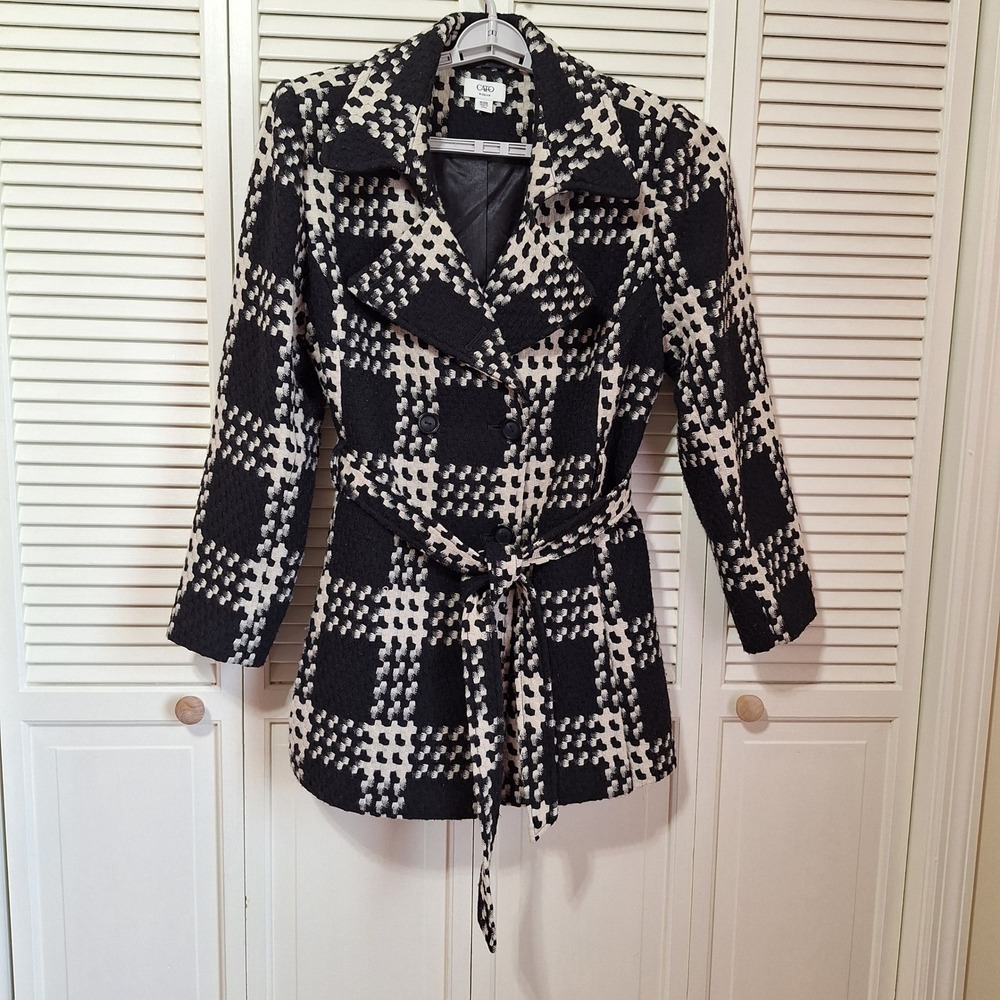 Cato Woman Black White Grid Textured Double Breasted Belted Pea Coat 18/20W